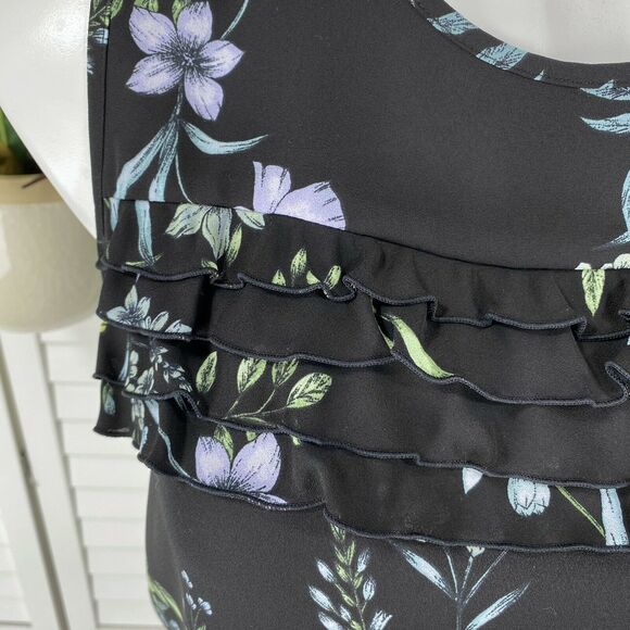 Karl Lagerfeld Paris Black Floral Sleeveless Blouse Top Sheer Ruffle Tank Size S - Picture 3 of 8